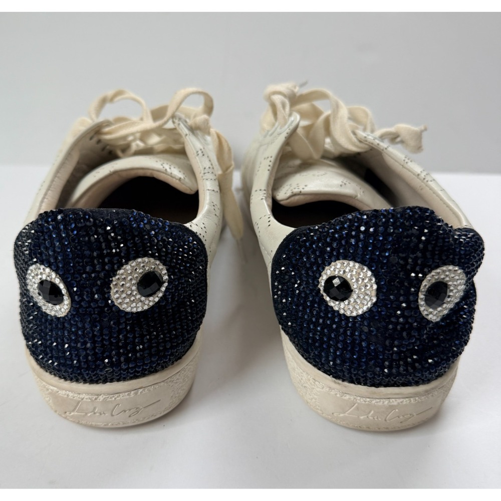 Lola Cruz Rhinestone Eyes White Leather Sneakers Womens size 37 | US 6.5 – 7